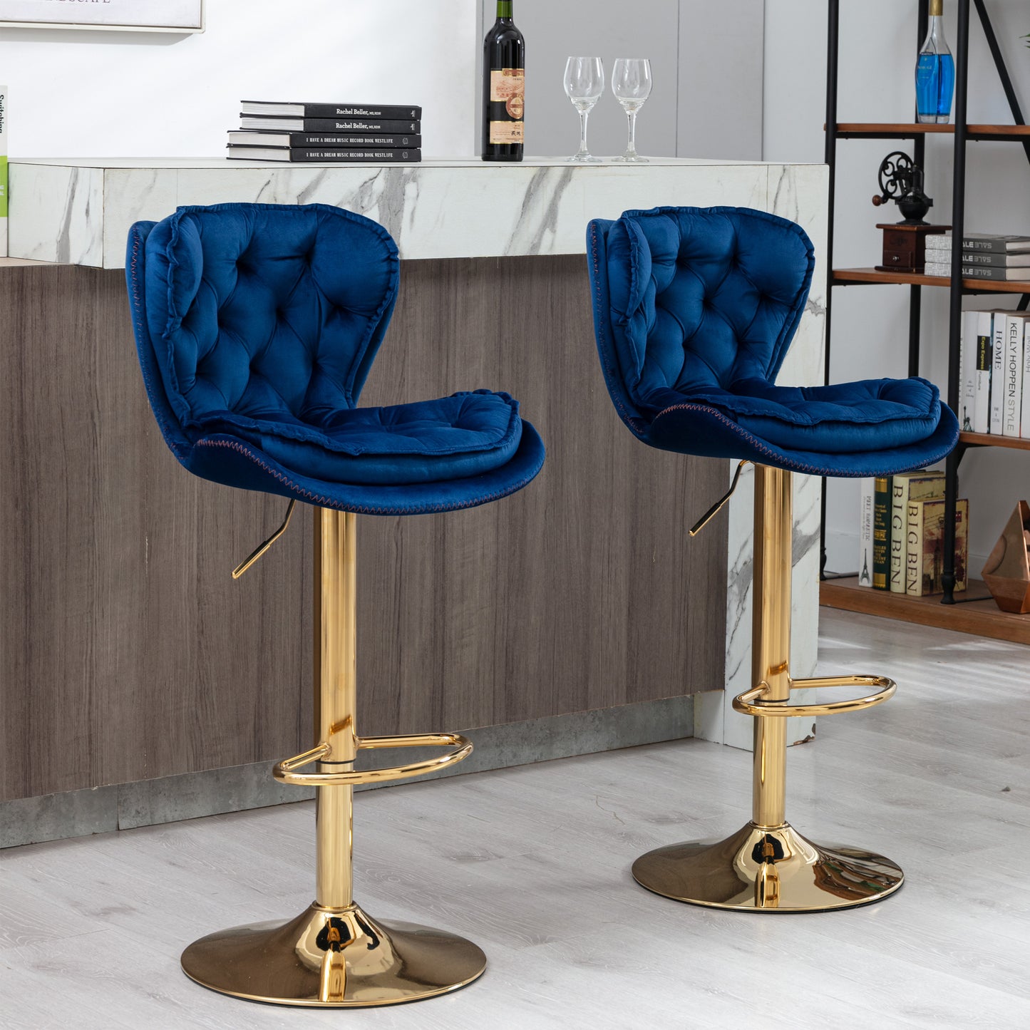 Set of 2 Bar Stools,with Chrome Footrest and Base Swivel Height Adjustable Mechanical Lifting Velvet + Golden Leg Simple Bar Stool-blue