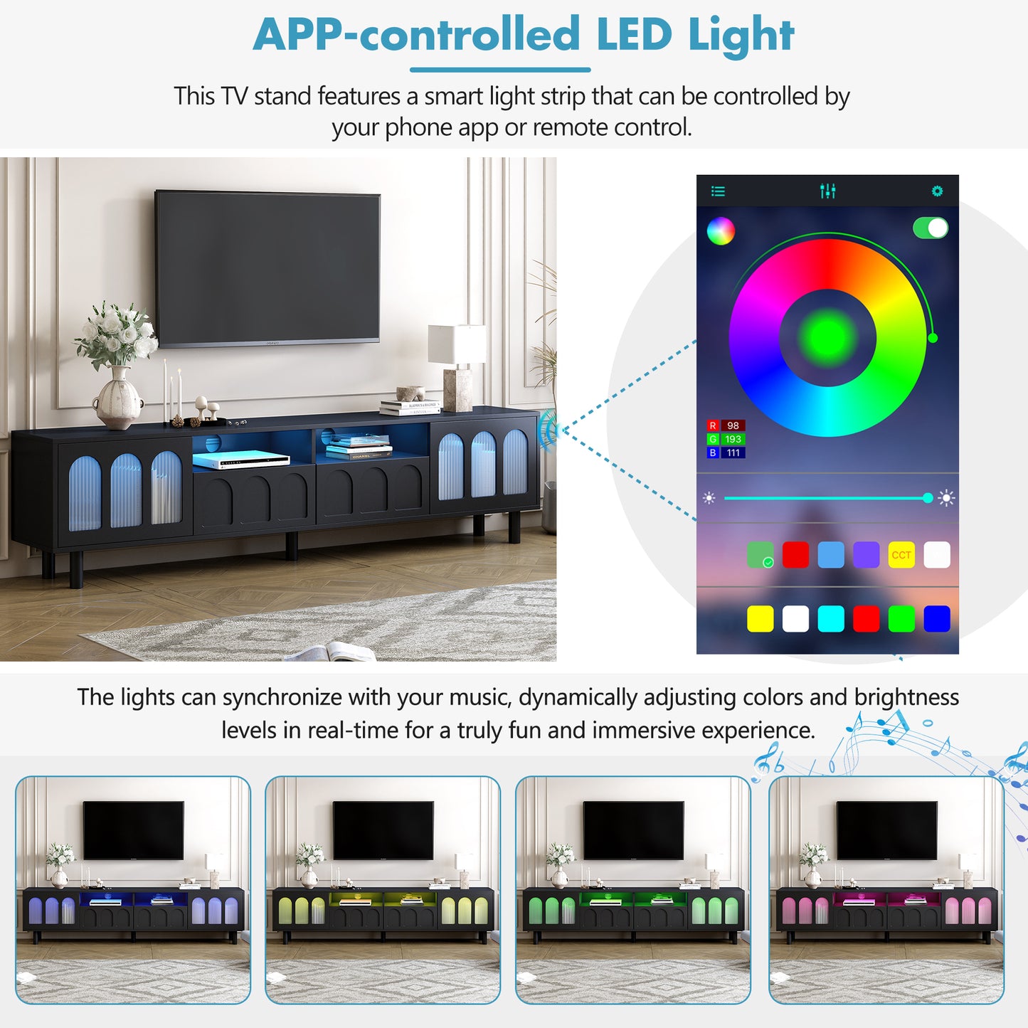 ON-TREND Cream Style TV Stand with LED Light Strip for TVs Up to 80'', Graceful Entertainment Center with 5 Solid Wood Legs, Large Storage Media Console with Fluted Tempered Glass Doors, Black