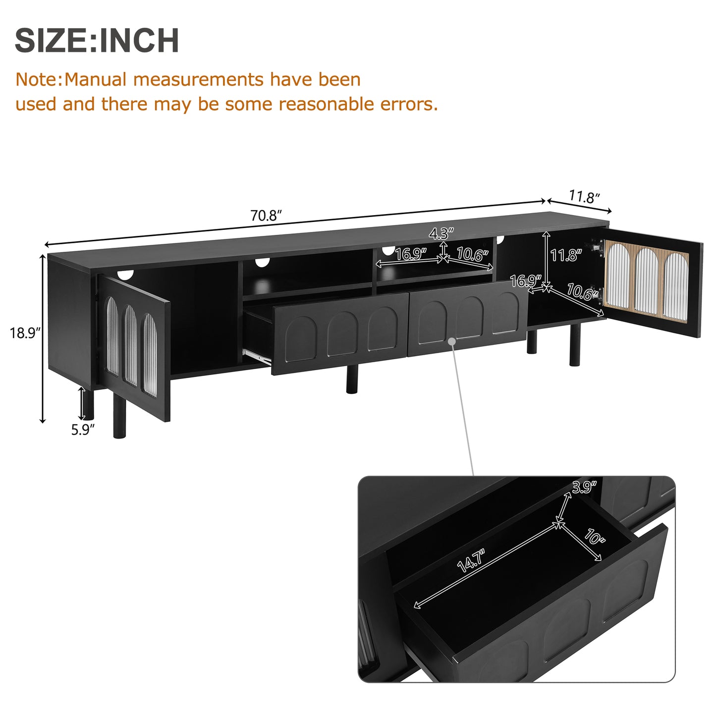 ON-TREND Cream Style TV Stand with LED Light Strip for TVs Up to 80'', Graceful Entertainment Center with 5 Solid Wood Legs, Large Storage Media Console with Fluted Tempered Glass Doors, Black