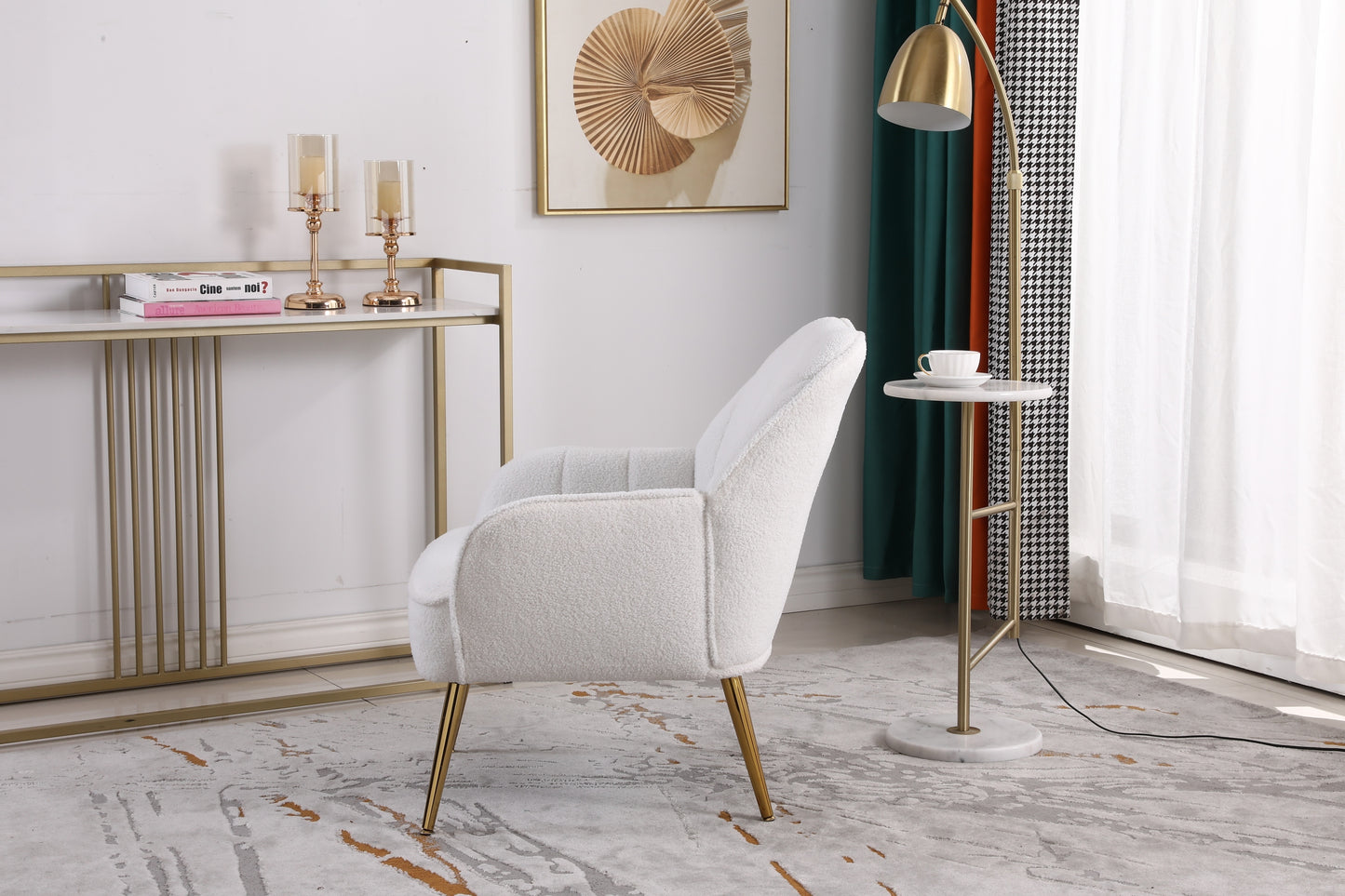 Sillón moderno y ergonómico de tela suave color blanco marfil para sala de estar, dormitorio, hogar, con patas doradas y patas ajustables para interiores.
