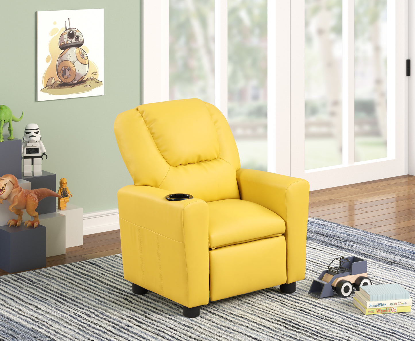 Sillón reclinable infantil Marisa de 22" de cuero sintético amarillo con portavasos