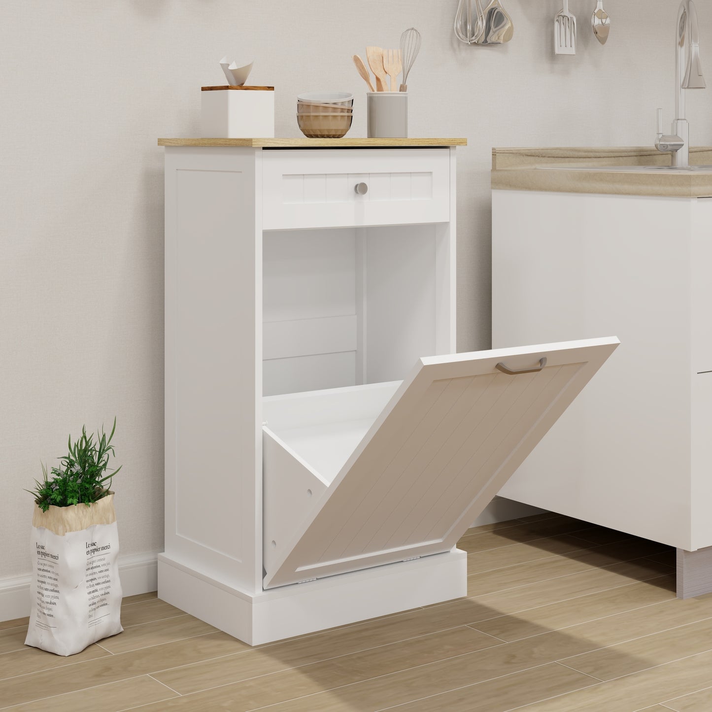 Gabinete de basura abatible con un cajón y un compartimento para cocina, color blanco