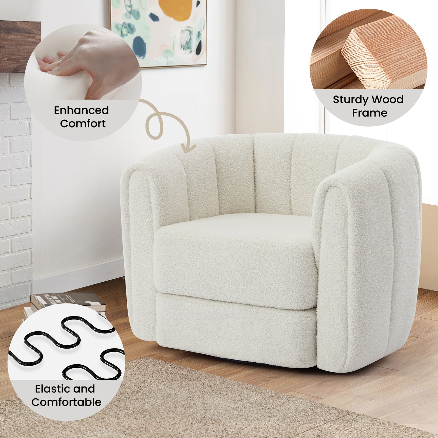 Swivel Accent Barrel Chair, Modern Round Armchairs with Upholstered, Comfy Swivel Accent Chair for Living Room
