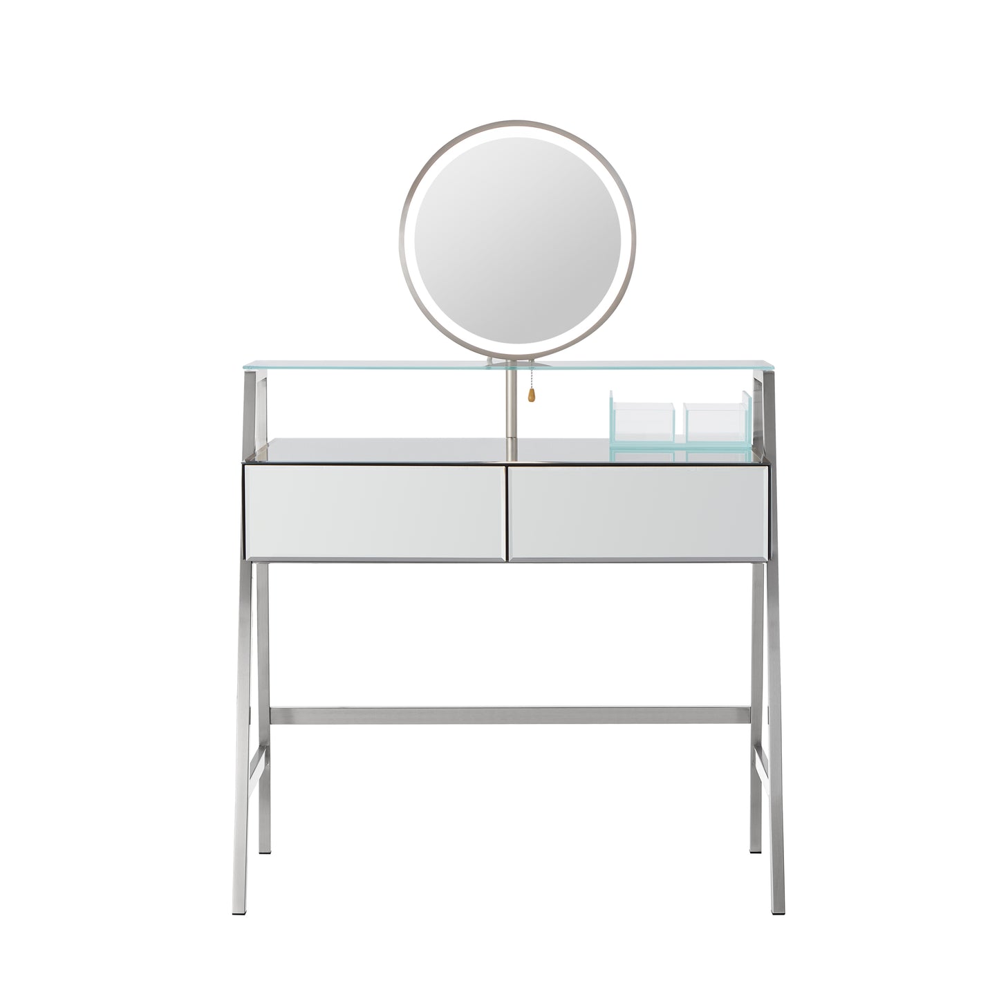 Tocador con espejo de 85 cm, espejo e iluminación, consola con espejo, 2 cajones grandes y estante abierto, tocador con estación de carga para dormitorio, color plateado