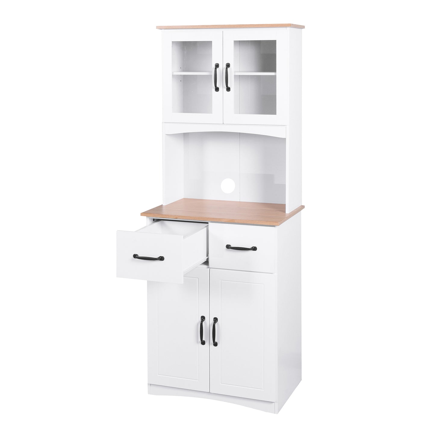 Gabinete de cocina de madera blanco para despensa, armario para microondas con puertas de vidrio enmarcadas y cajón.