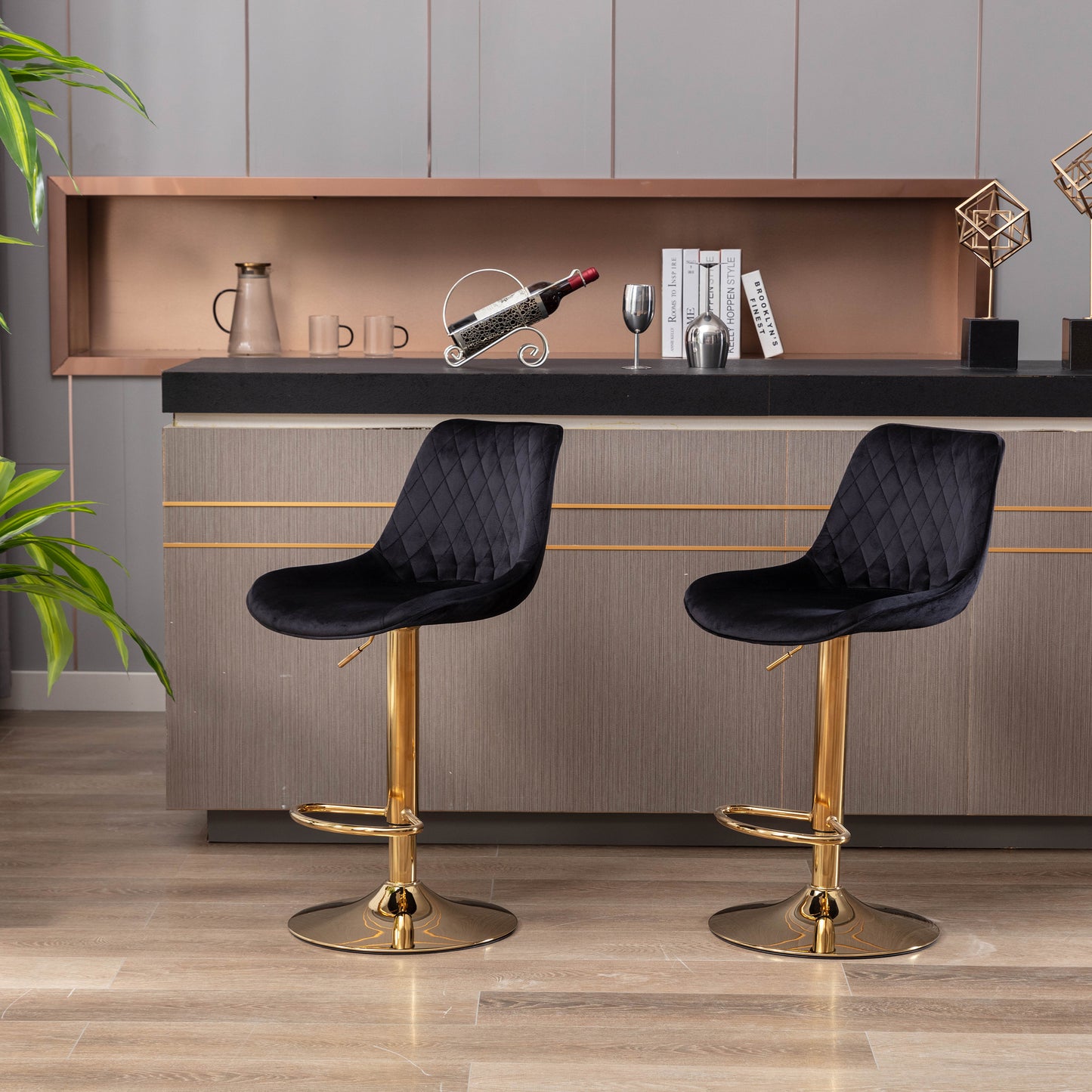 Set of 2 Bar Stools,with Chrome Footrest and Base Swivel Height Adjustable Mechanical Lifting Velvet + Golden Leg Simple Bar Stool-black