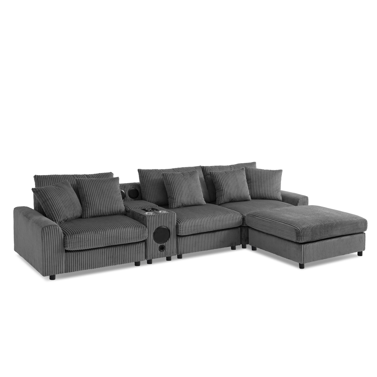 114*64'' Corduroy Sectional Sofa with Bluetooth Speakers,L Shaped Couch with Console,USB Charger,Cup Holders,Storage,Ottoman,Deep and Wide Seat Cloud Sofa for Living Room,Apartment,2 Colors