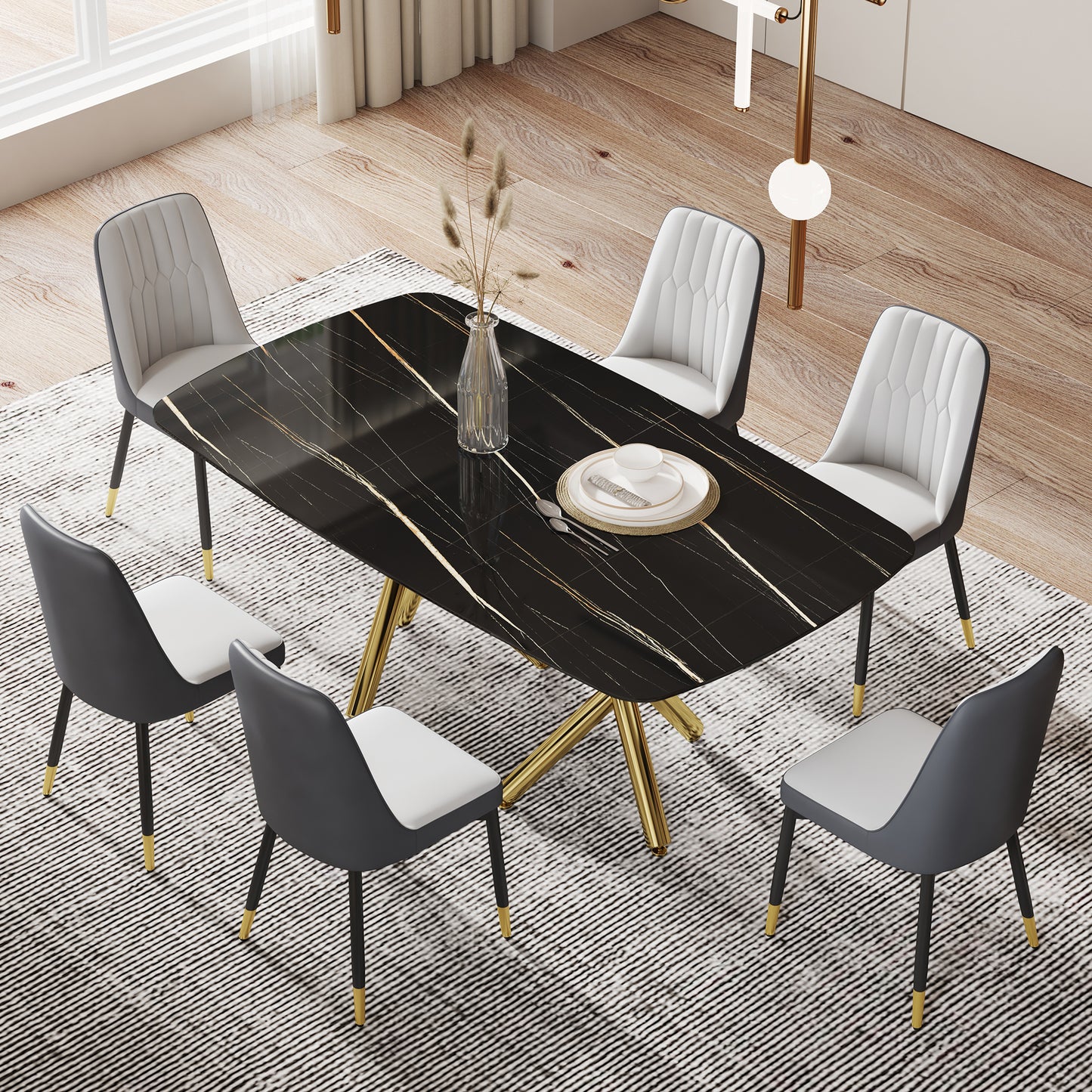 Large modern minimalist rectangular dining table with 0.39 "imitation marble black tabletop and golden metal legs, paired with chairs with PU cushions and black metal legs. F-1538 C-007