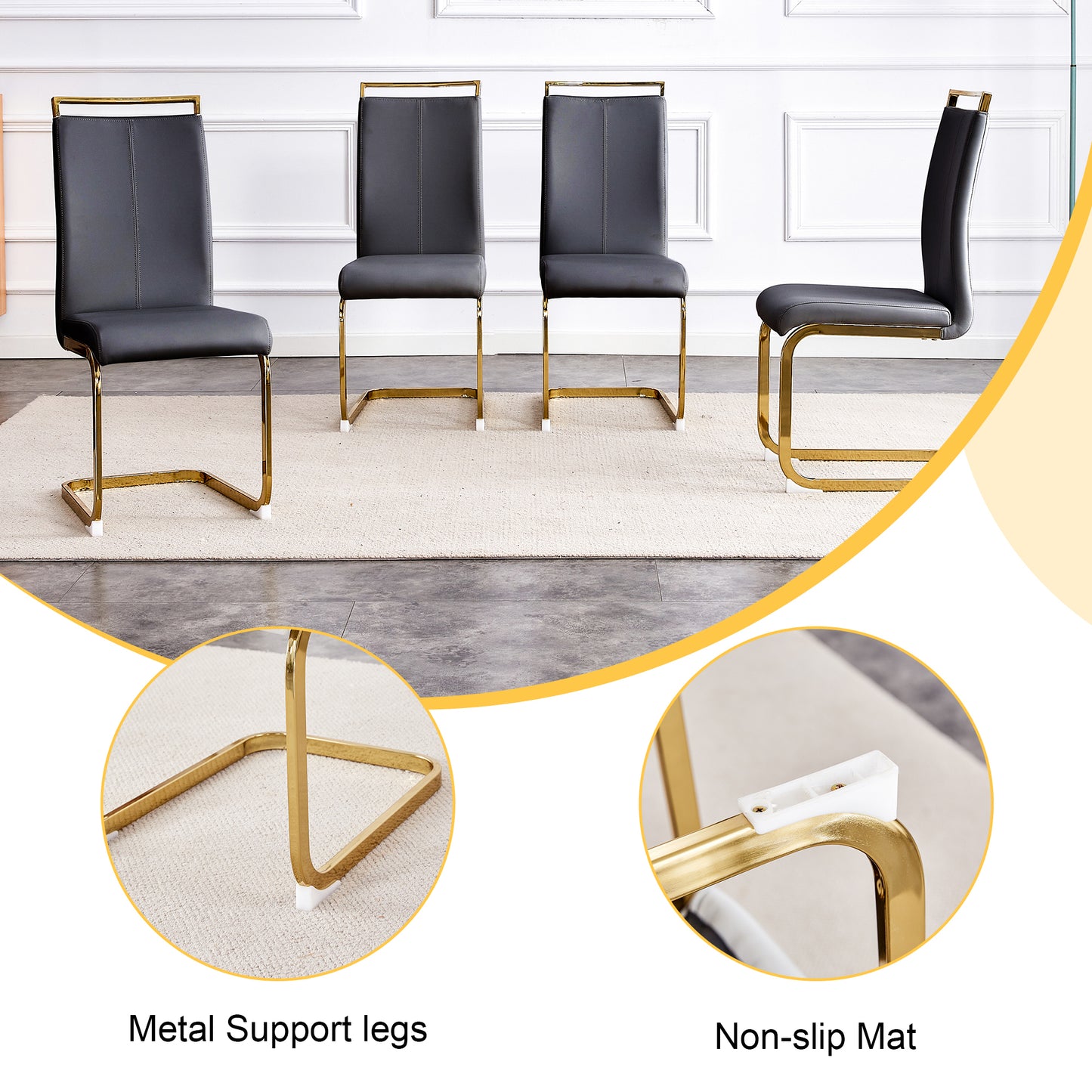 Table and chair set.Elegant Transparent Tempered Glass Dining Set - 71"x35.4" with 6 Black PU Chairs with golden C-tube metal leg.