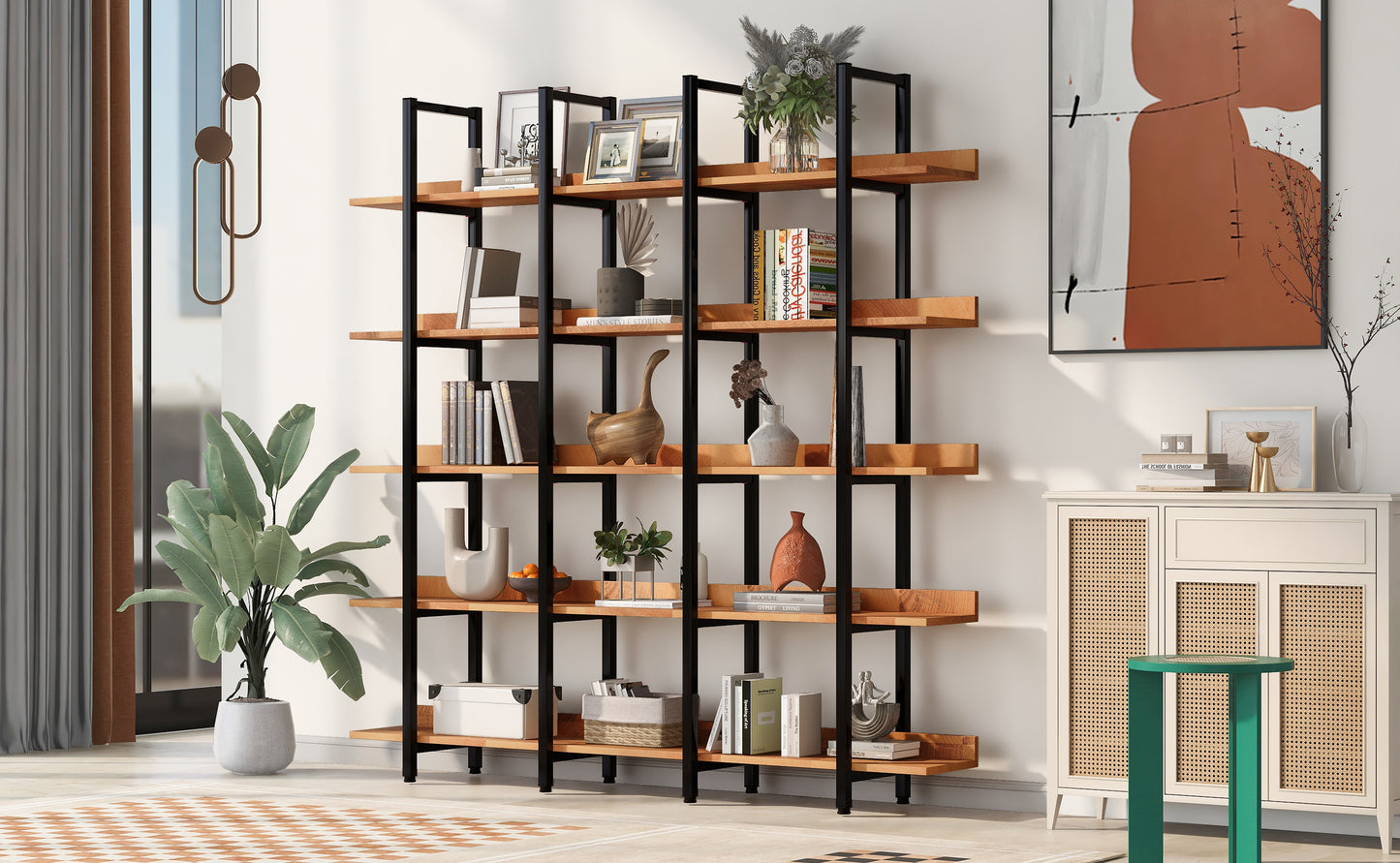 Estantería de 5 niveles para oficina en casa, estilo industrial vintage, tablero de MDF, estructura de metal negro, color marrón.