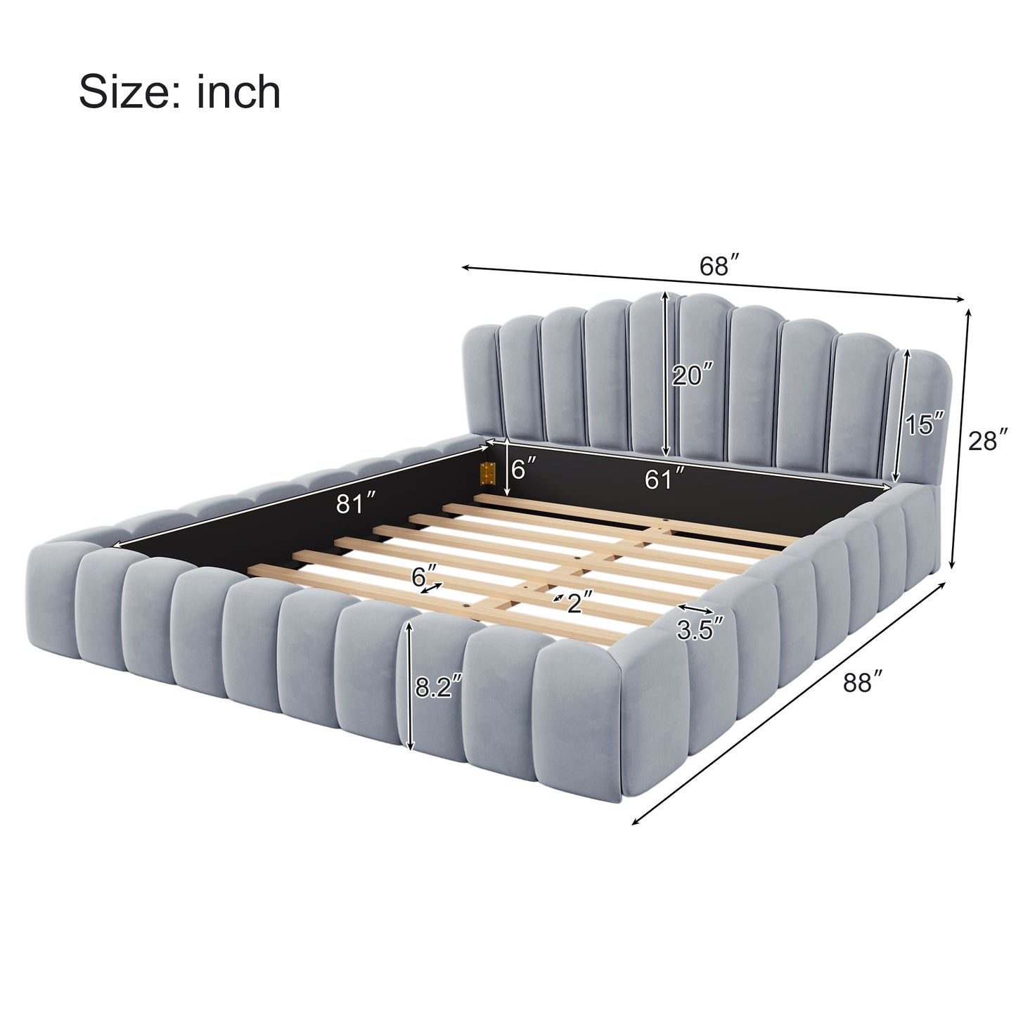 Cama Queen tapizada en terciopelo con marco de suelo y cabecero en forma de concha para dormitorio, sin necesidad de somier, color azul claro