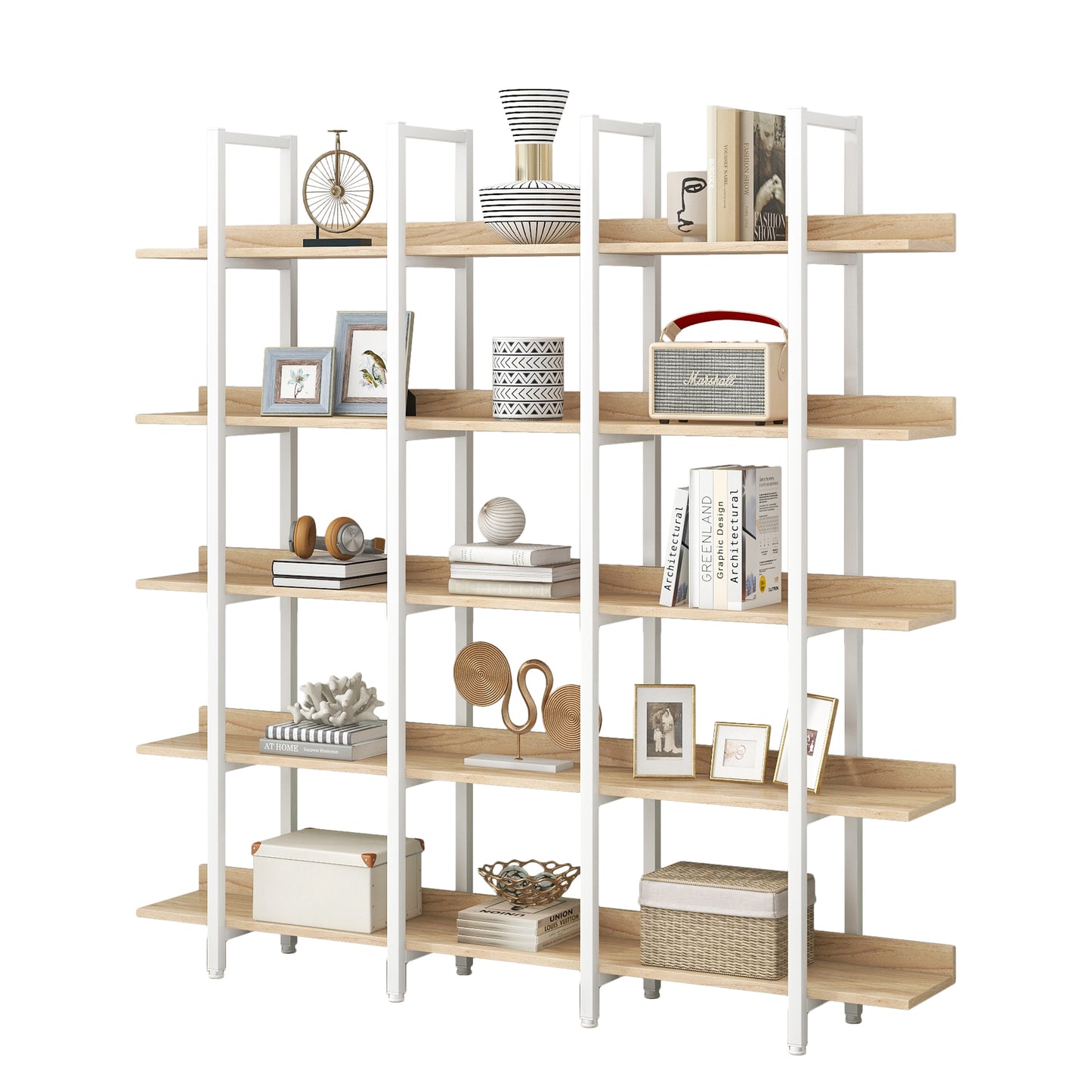 Librería de 5 niveles para oficina en casa, estilo industrial vintage, tablero de MDF, estructura de metal blanco, roble
