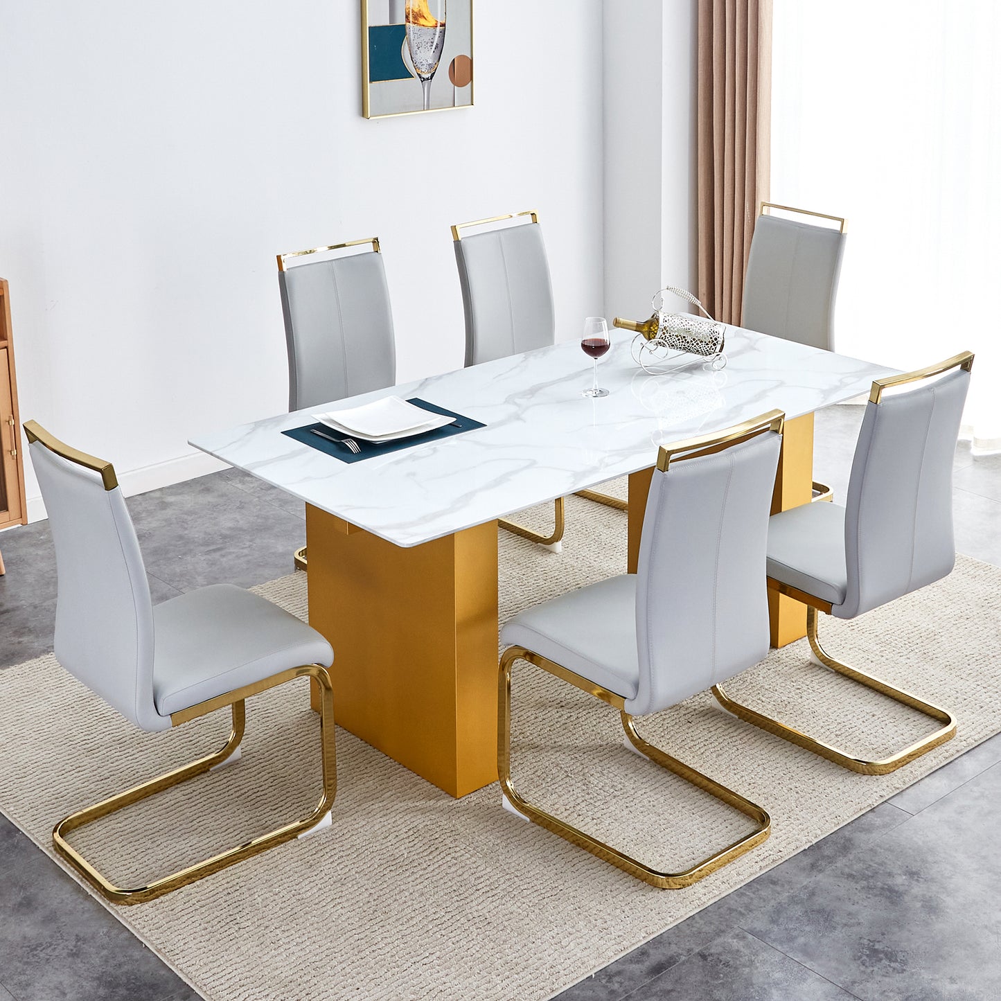 Table and chair set.Large modern rectangular table with 0.4 inch patterned glass tabletop and large MDF table legs.Comes with 6 chairs with faux leather cushioned seats and golden metal legs.