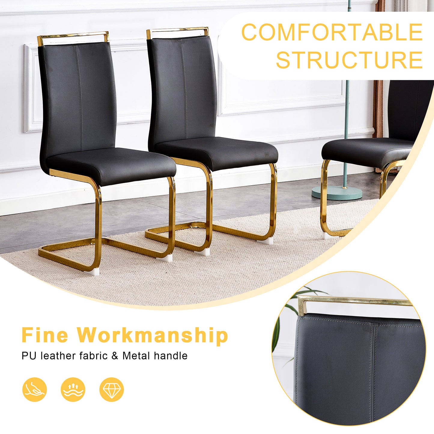 Table and chair set.Elegant Transparent Tempered Glass Dining Set - 71"x35.4" with 6 Black PU Chairs with golden C-tube metal leg.