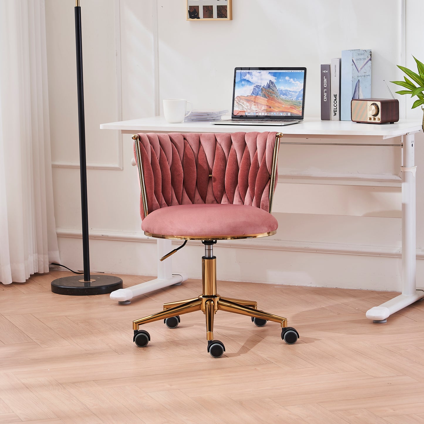 Silla de escritorio tapizada para oficina en casa con ruedas giratorias ajustables, ergonómica para sala de estar, dormitorio, oficina y estudio (rosa)