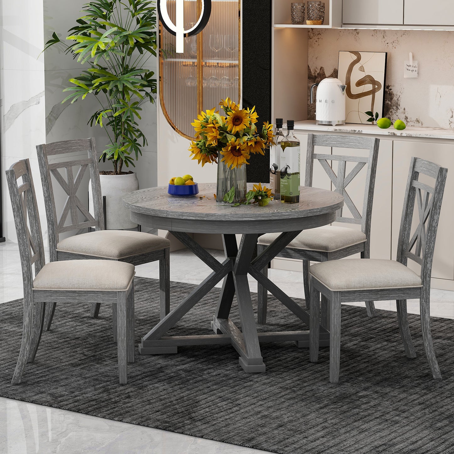 TREXM 5-Piece Retro Functional Dining Table Set Extendable Round Table and 4 Upholstered Chairs for Dining Room and Living Room (Grey)