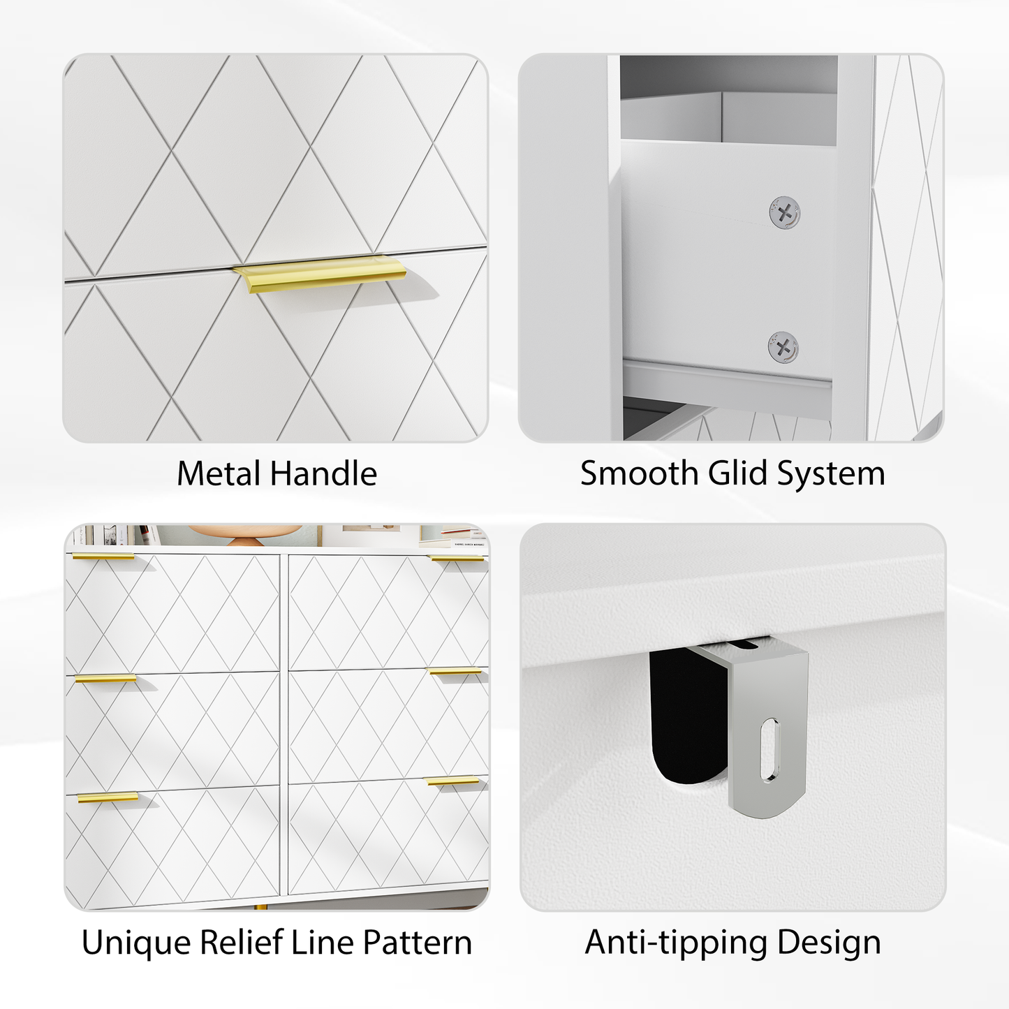 Modern white 6 Drawers for Bedroom, Small Size Wooden drawers with Gold Handles, Chest Dresser with Deep Drawers for living room