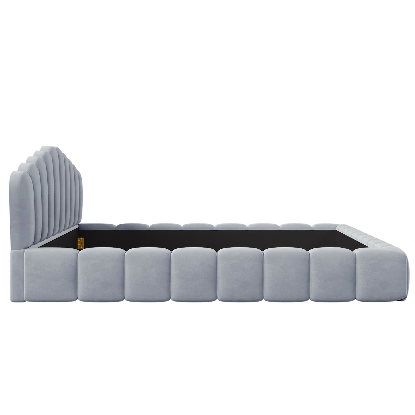 Cama Queen tapizada en terciopelo con marco de suelo y cabecero en forma de concha para dormitorio, sin necesidad de somier, color azul claro
