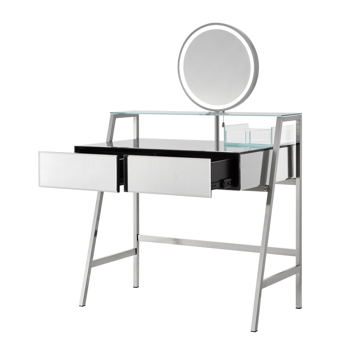 Tocador con espejo de 85 cm, espejo e iluminación, consola con espejo, 2 cajones grandes y estante abierto, tocador con estación de carga para dormitorio, color plateado