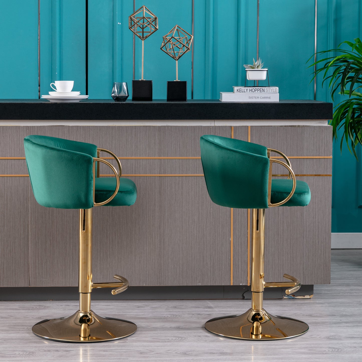 Set of 2 Bar Stools,with Chrome Footrest and Base Swivel Height Adjustable Mechanical Lifting Velvet + Golden Leg Simple Bar Stool-Green