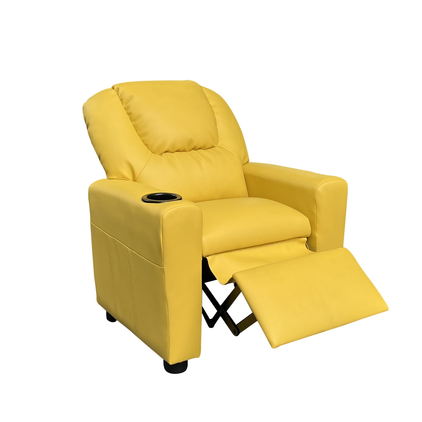 Sillón reclinable infantil Marisa de 22" de cuero sintético amarillo con portavasos