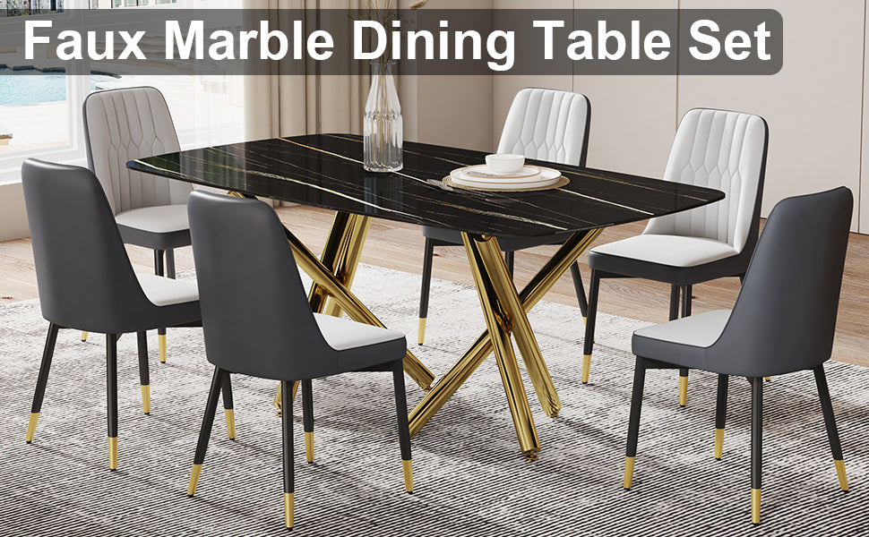 Large modern minimalist rectangular dining table with 0.39 "imitation marble black tabletop and golden metal legs, paired with chairs with PU cushions and black metal legs. F-1538 C-007