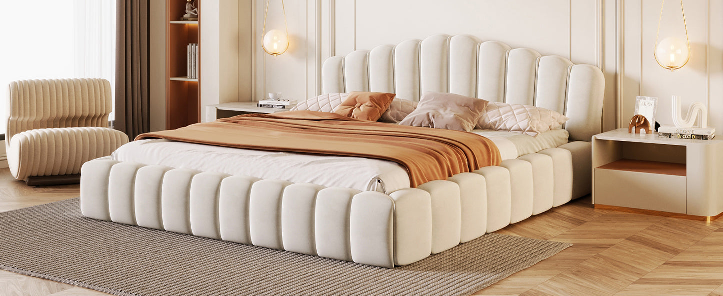 Cama Queen tapizada en terciopelo con cabecero en forma de concha para dormitorio (no necesita somier), color beige