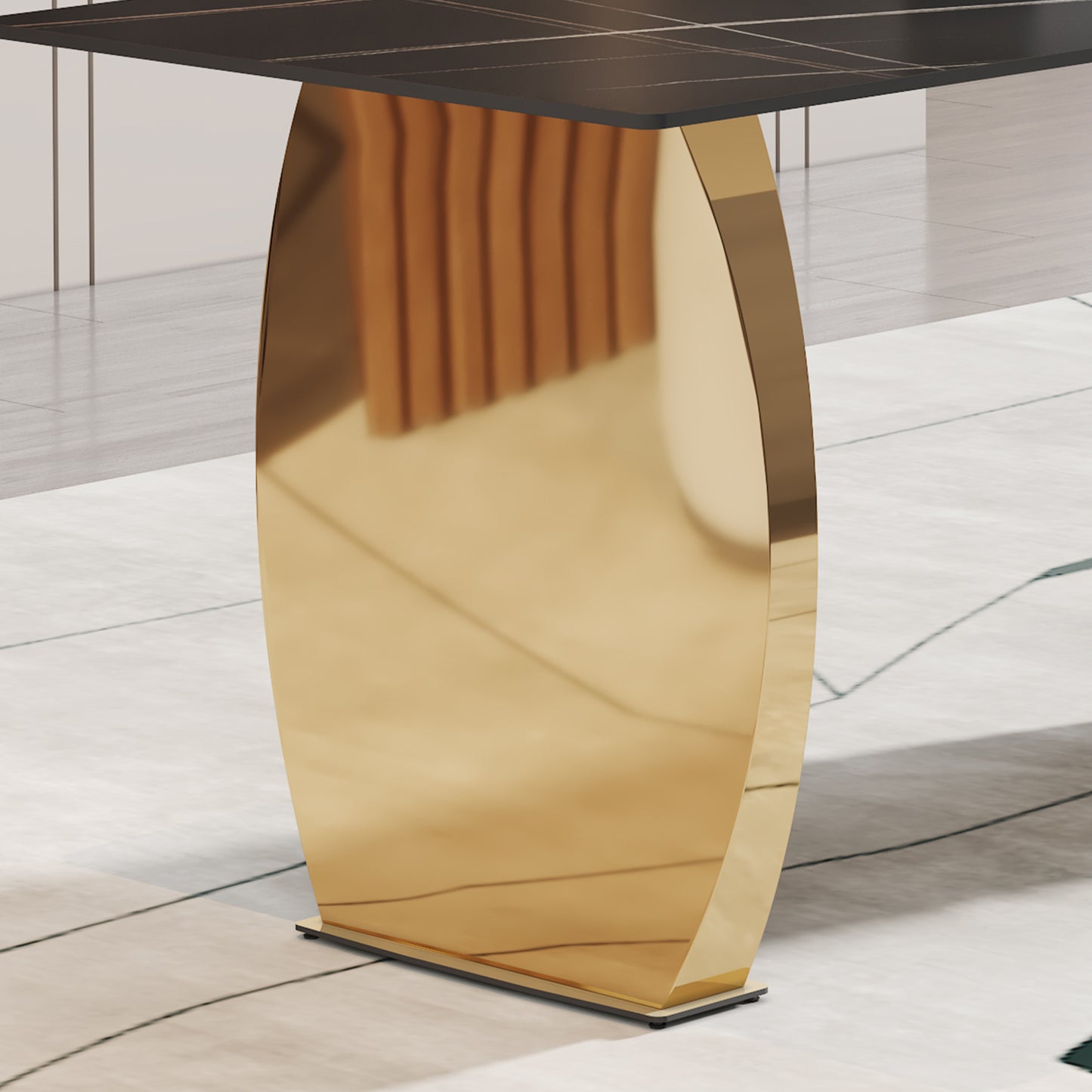 Table and chair set,Modern rectangular table with 0.4 inch black patterned tabletop and gold legs, suitable for kitchen, dining room, and living room , Comfortable PU seats,perfect for dinner, meet