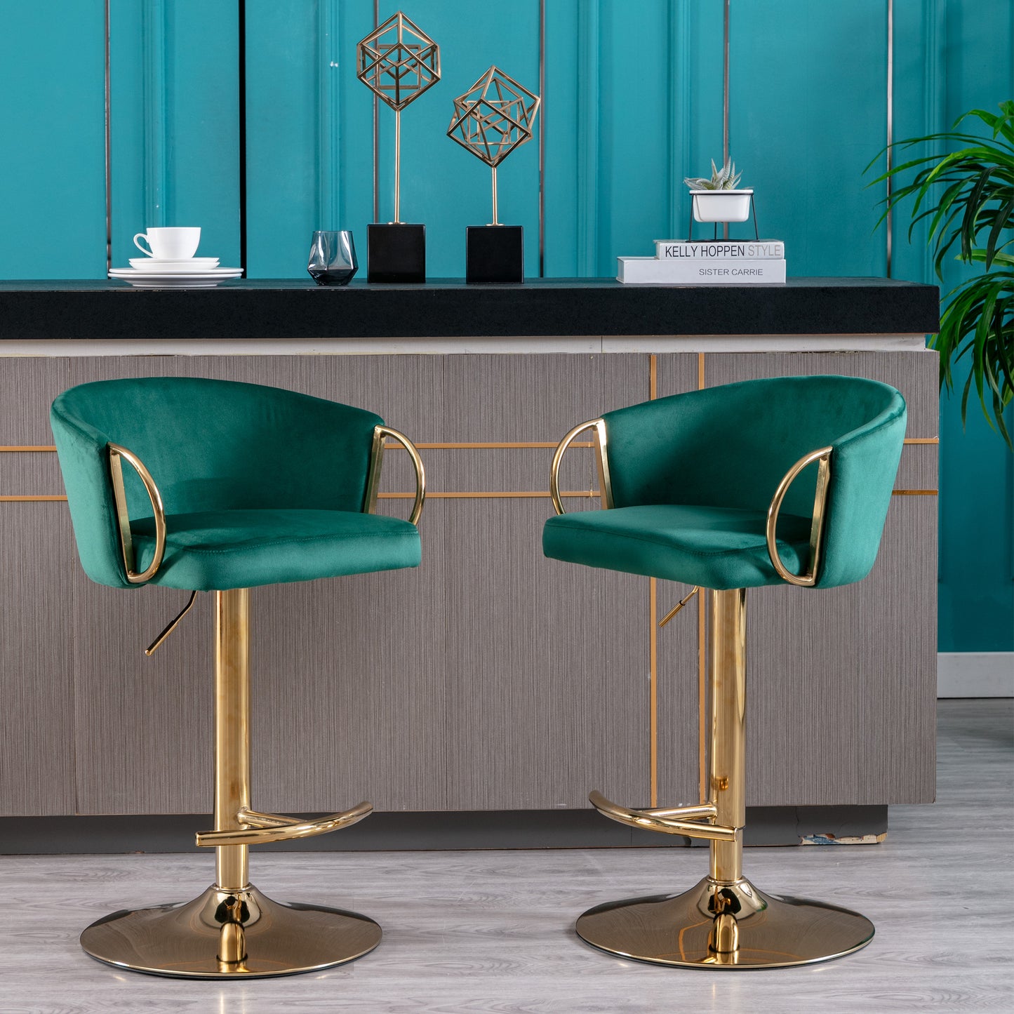 Set of 2 Bar Stools,with Chrome Footrest and Base Swivel Height Adjustable Mechanical Lifting Velvet + Golden Leg Simple Bar Stool-Green