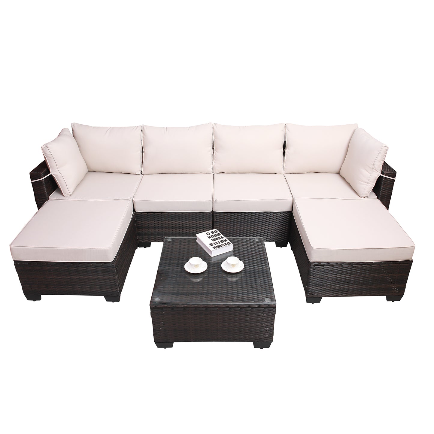 7pc Brown & Beige Patio Set – Outdoor Rattan Sectional w/ Glass Table