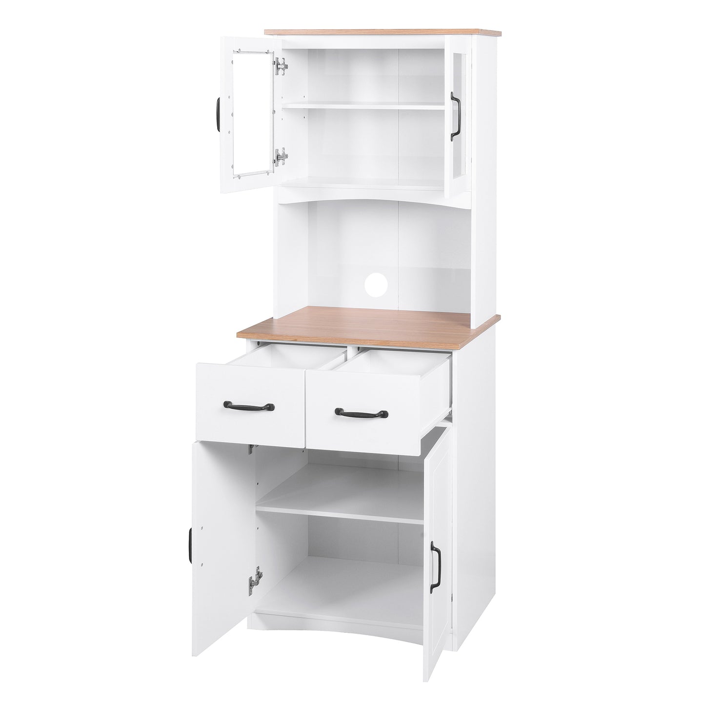 Gabinete de cocina de madera blanco para despensa, armario para microondas con puertas de vidrio enmarcadas y cajón.