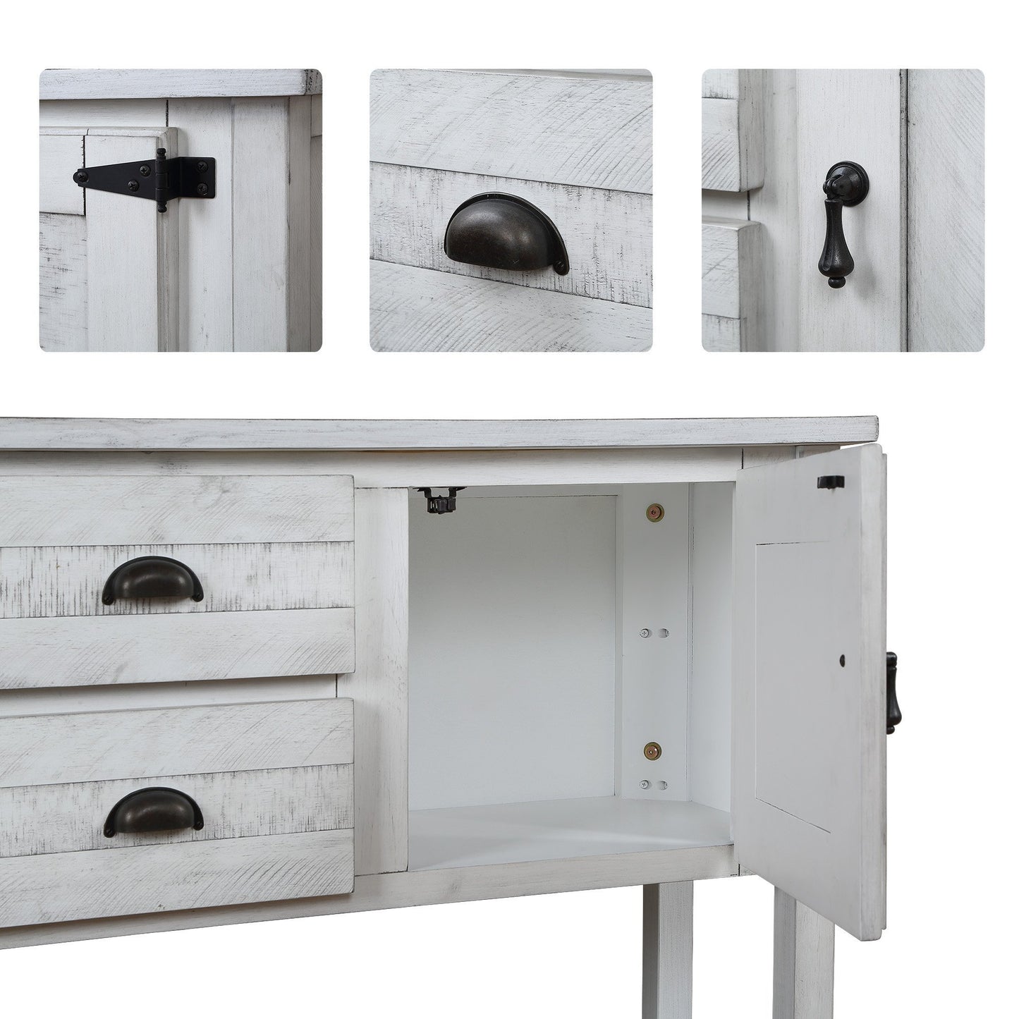 Aparador de madera maciza de 48'' con 2 cajones, gabinetes y estante inferior, estilo retro, para comedor, sala de estar, cocina y comedor (blanco antiguo)