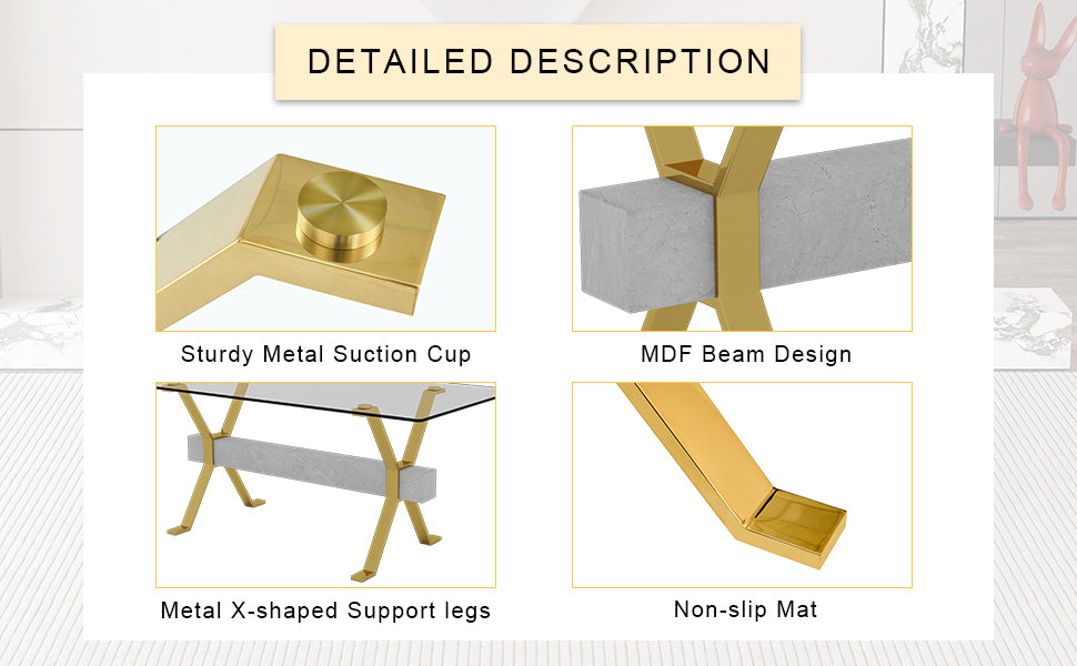 Table and chair set.Elegant Transparent Tempered Glass Dining Set - 71"x35.4" with 6 Black PU Chairs with golden C-tube metal leg.