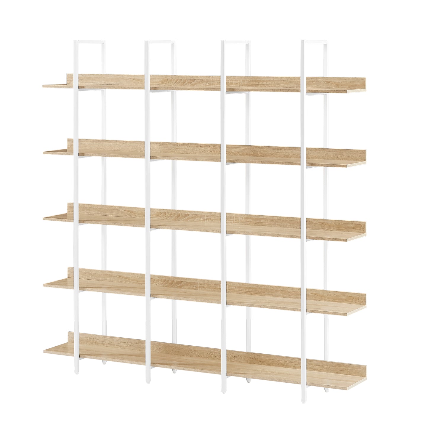 Librería de 5 niveles para oficina en casa, estilo industrial vintage, tablero de MDF, estructura de metal blanco, roble