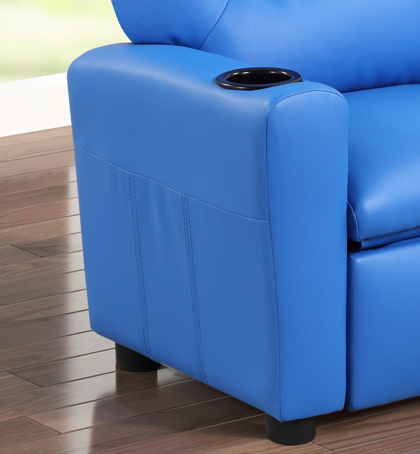 Sillón reclinable infantil Marisa de 22" de piel sintética azul con portavasos