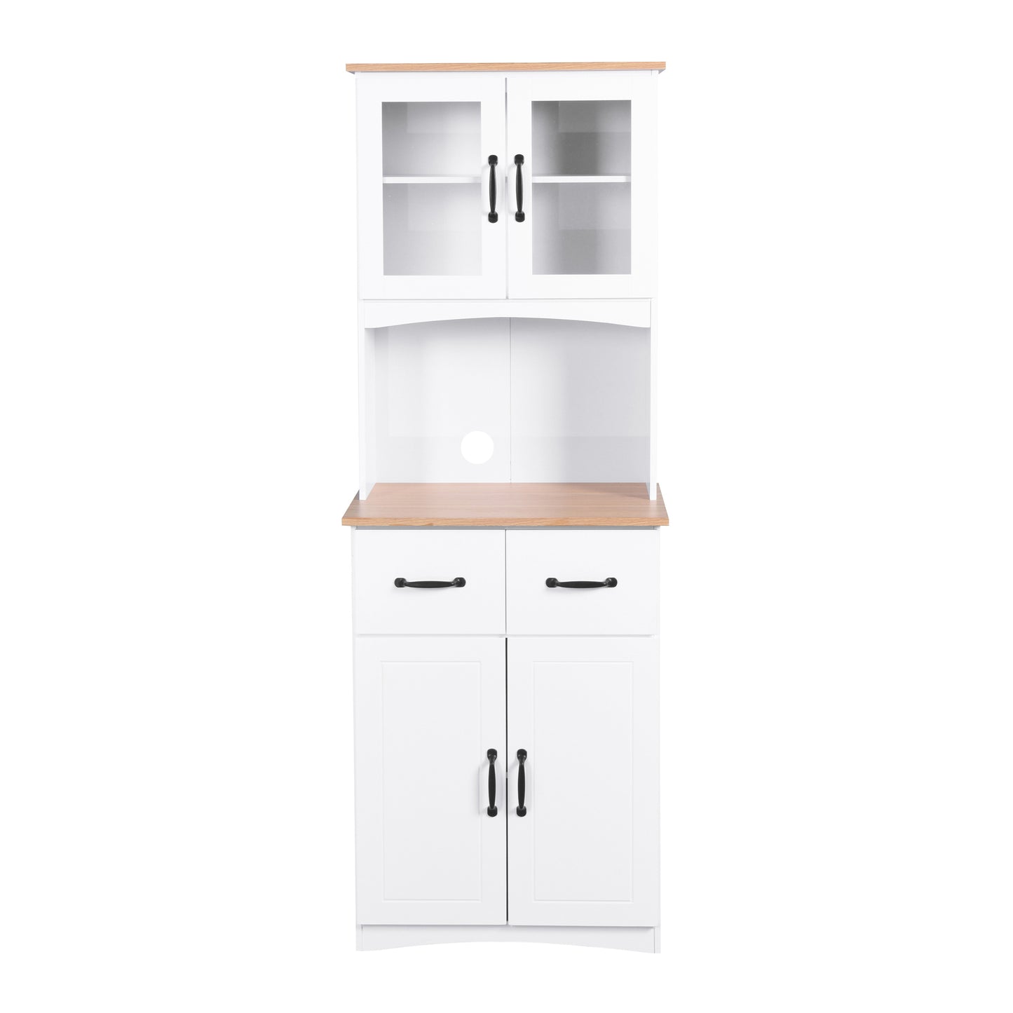 Gabinete de cocina de madera blanco para despensa, armario para microondas con puertas de vidrio enmarcadas y cajón.