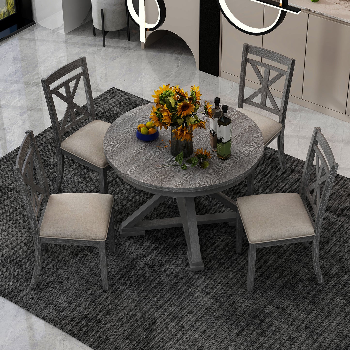 TREXM 5-Piece Retro Functional Dining Table Set Extendable Round Table and 4 Upholstered Chairs for Dining Room and Living Room (Grey)