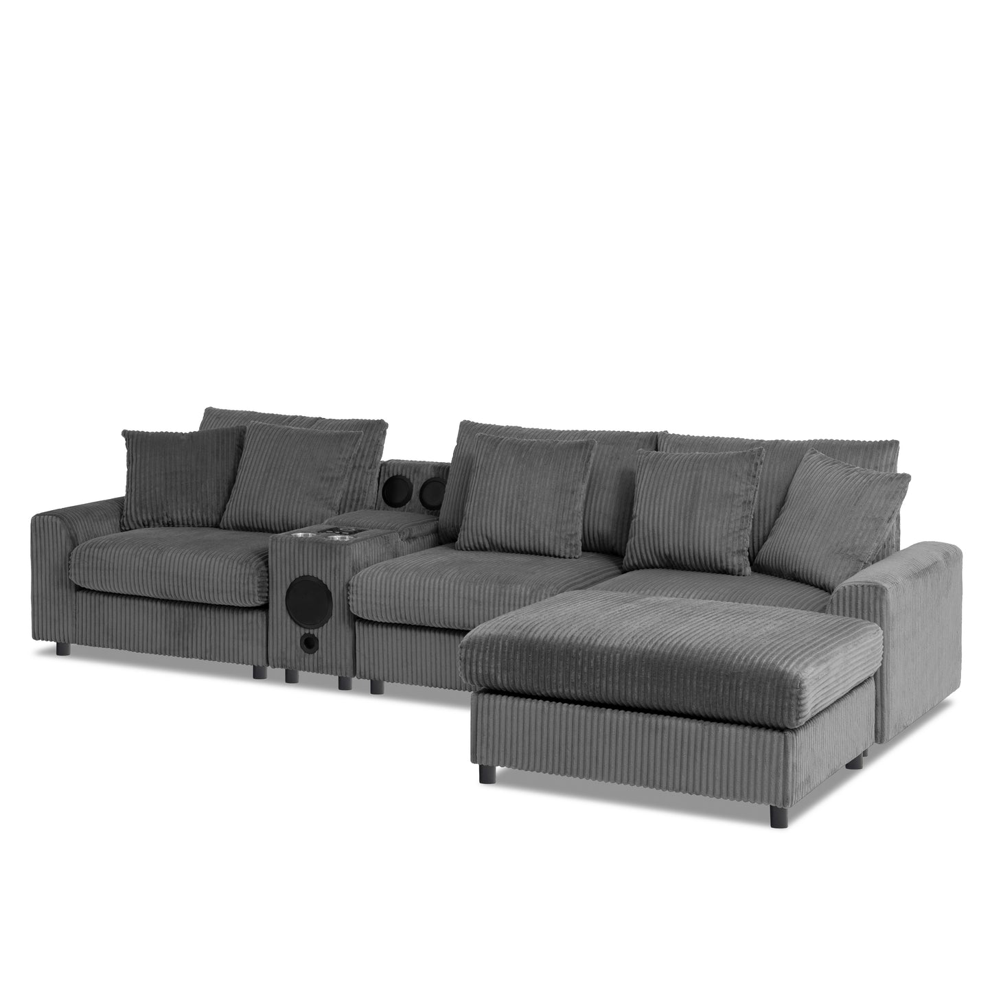 114*64'' Corduroy Sectional Sofa with Bluetooth Speakers,L Shaped Couch with Console,USB Charger,Cup Holders,Storage,Ottoman,Deep and Wide Seat Cloud Sofa for Living Room,Apartment,2 Colors
