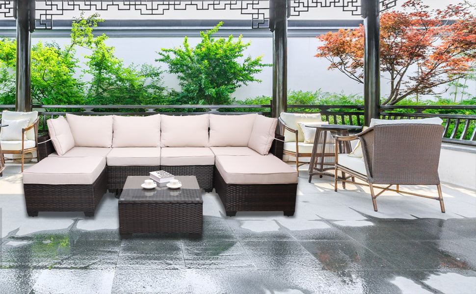 7pc Brown & Beige Patio Set – Outdoor Rattan Sectional w/ Glass Table