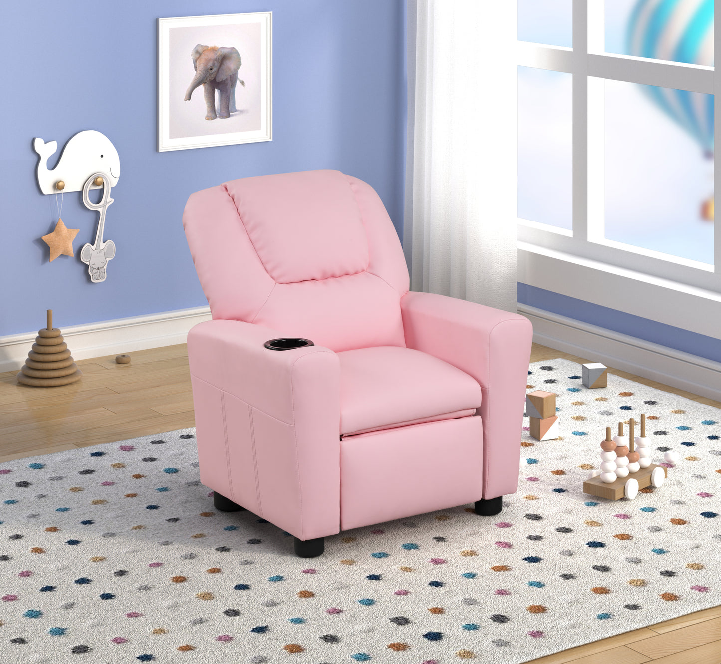 Sillón reclinable infantil Marisa de 22" de piel sintética rosa con portavasos