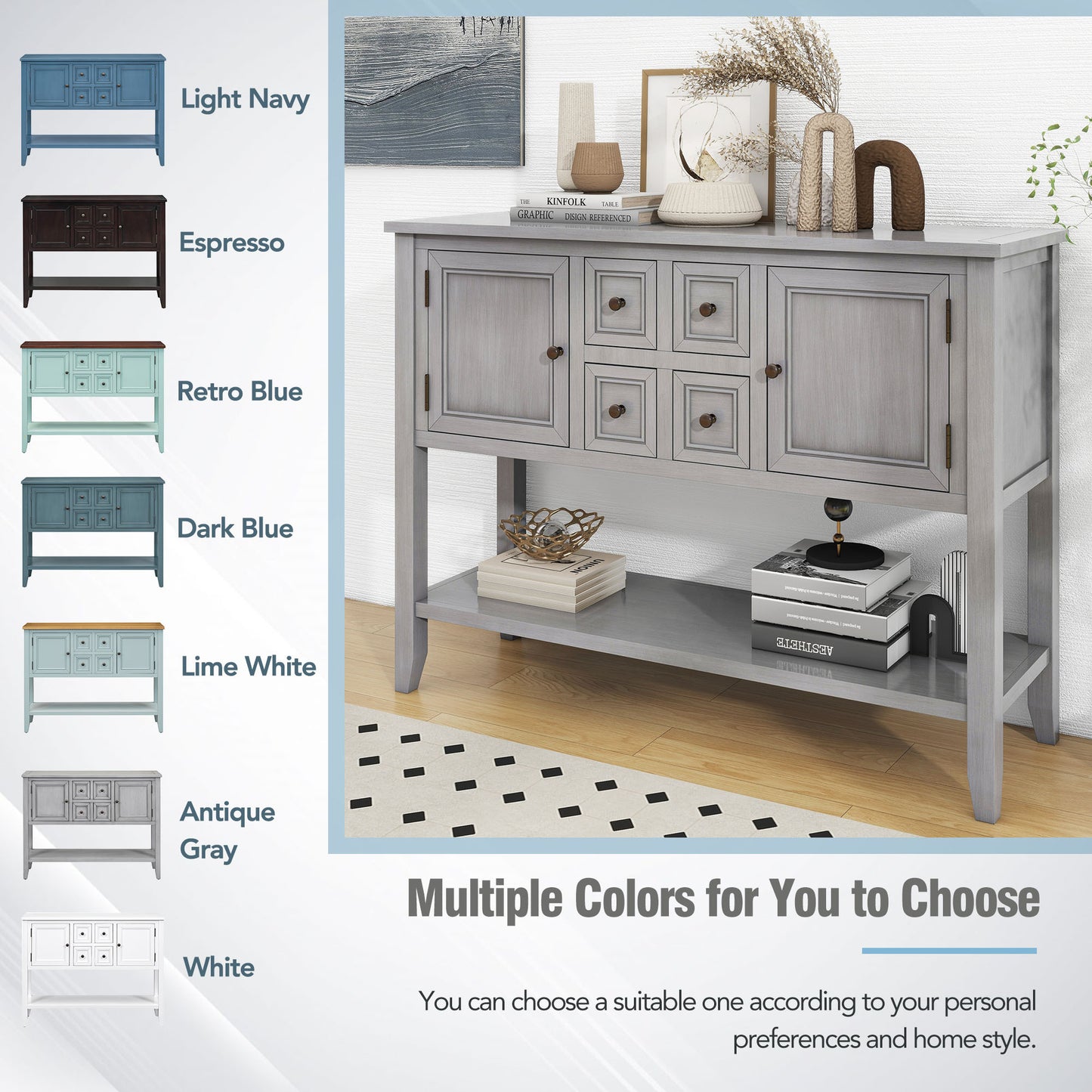 TREXM Cambridge Series Ample Storage Vintage Console Table with Four Small Drawers and Bottom Shelf for Living Rooms, Entrances and Kitchens (Antique Gray, OLD SKU: WF190263AAE)