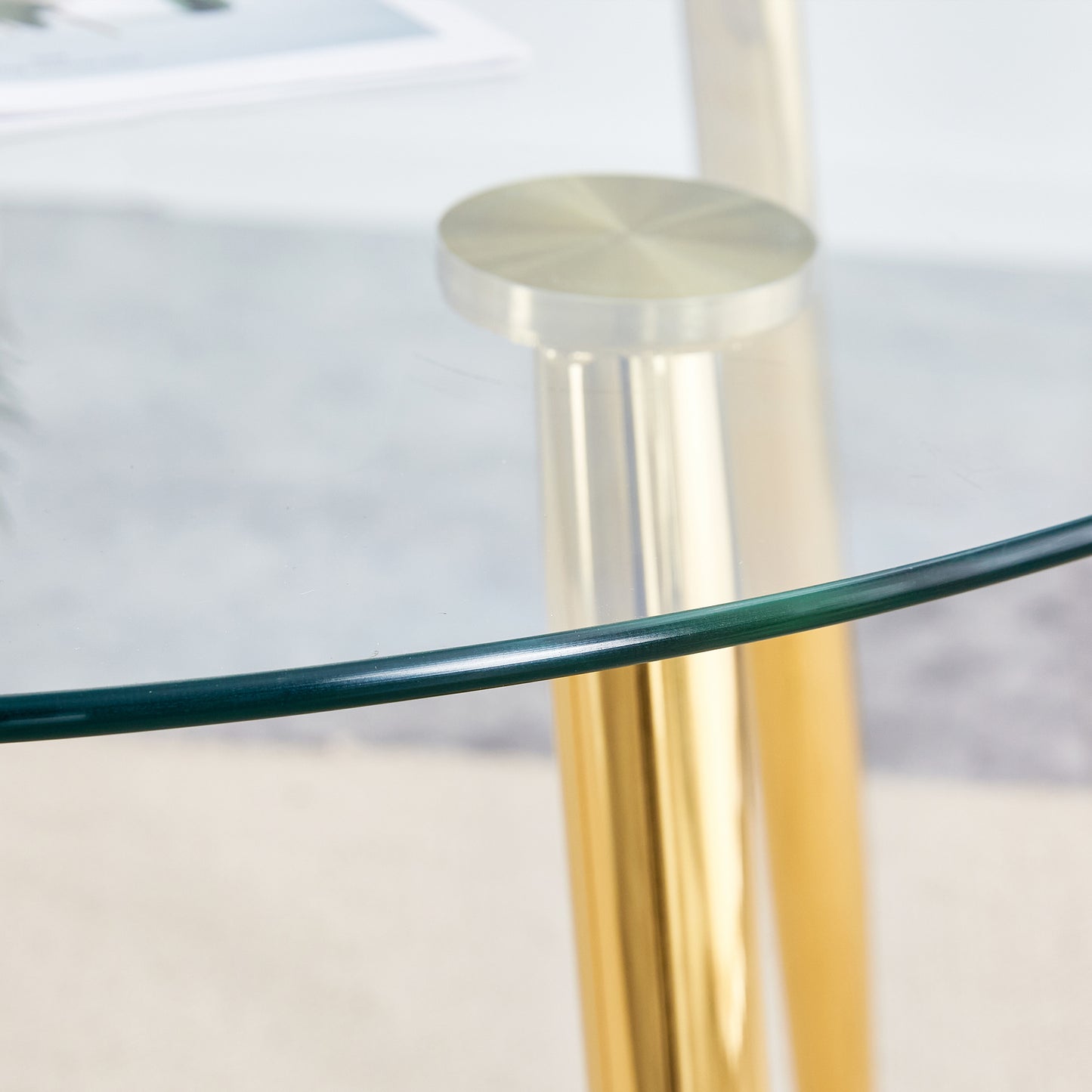 Table and chair set.36 Inch Diameter Modern Luxury Glass Dining Table and Chair Set - Gold Frame, Metal Legs.Two Black PU Chairs with Simple Line Designs On The Backrest.