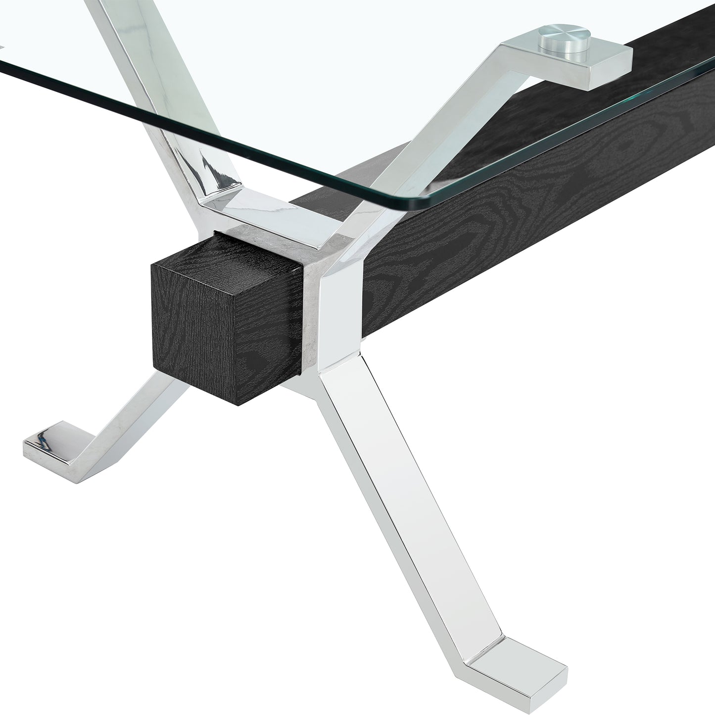 Table and chair set.Elegant Transparent Tempered Glass Dining Set - 71"x35.4" with 6 Black PU Chairs with a vertical stripe design on the backrest.