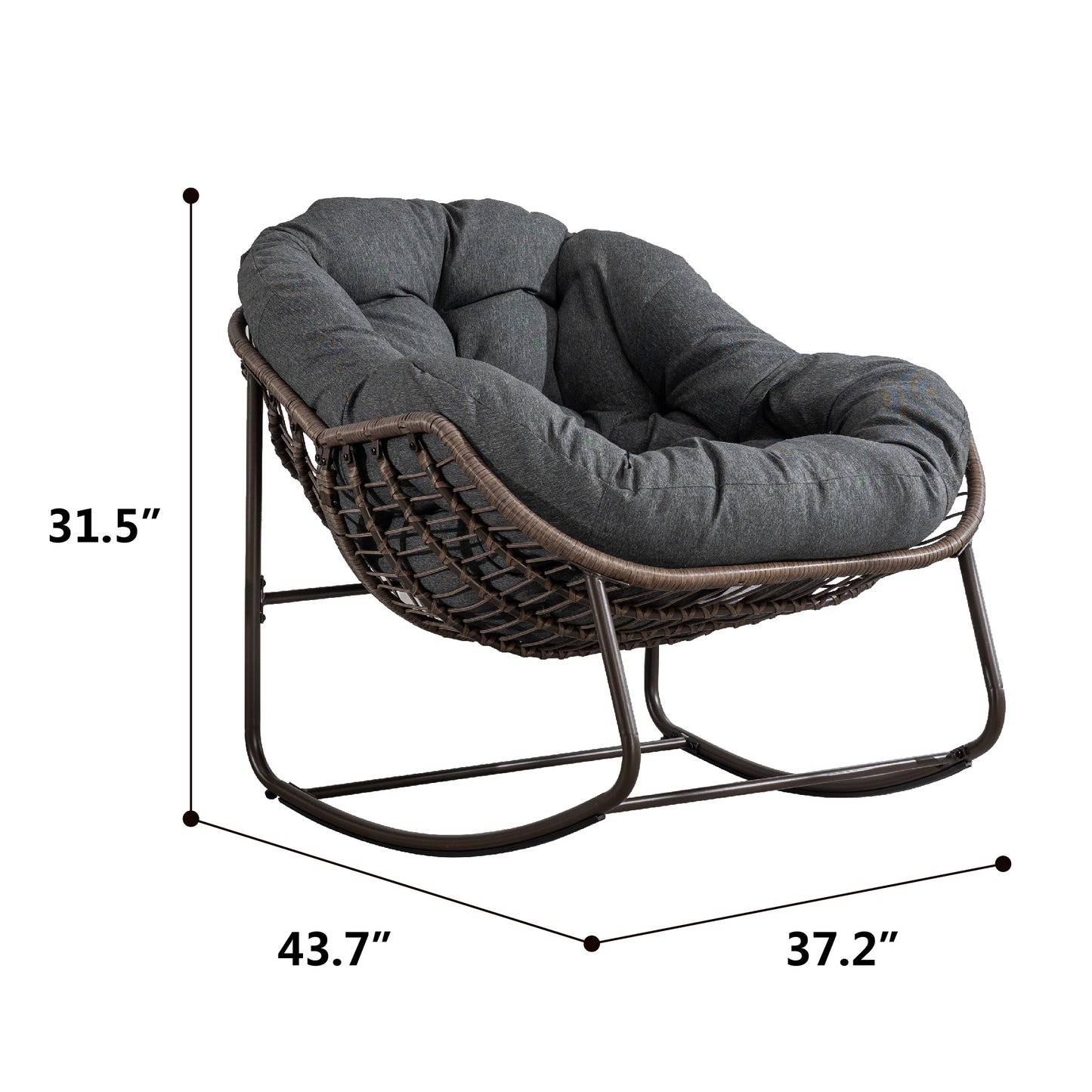Mecedora de ratán para exterior, con cojín acolchado, reclinable, para porche, sala de estar, patio y jardín, color gris.
