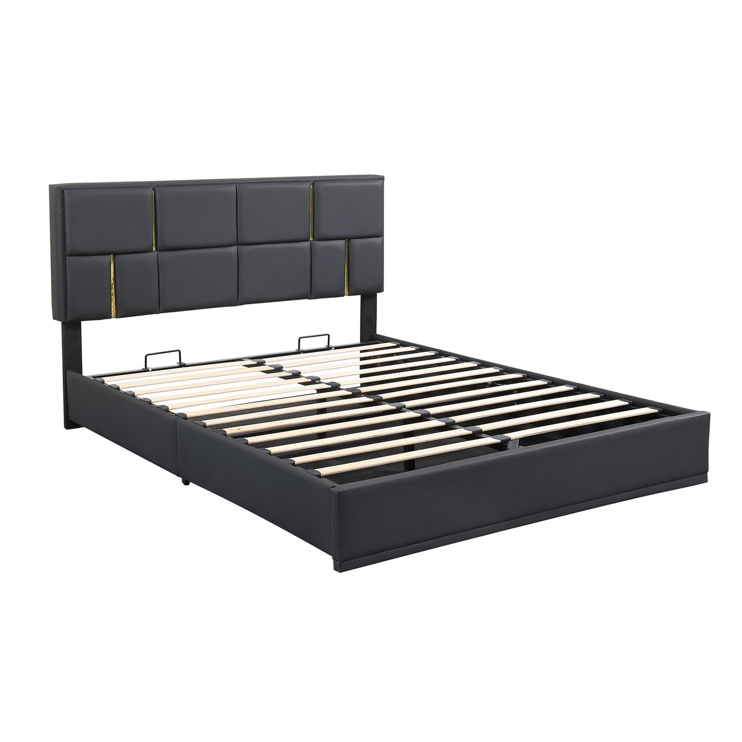 Juego de dormitorio de 2 piezas, cama Queen con plataforma tapizada y sistema de almacenamiento hidráulico, otomana con patas de metal, color negro
