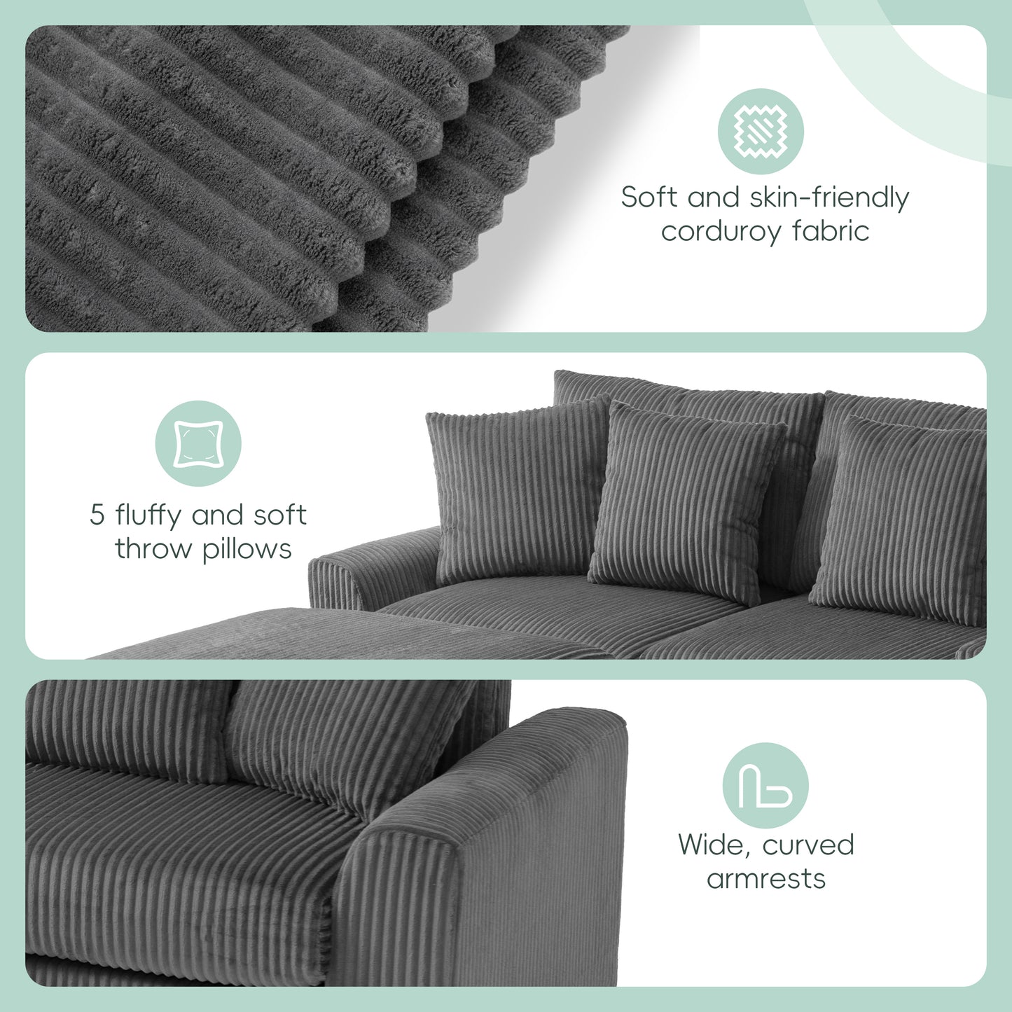 114*64'' Corduroy Sectional Sofa with Bluetooth Speakers,L Shaped Couch with Console,USB Charger,Cup Holders,Storage,Ottoman,Deep and Wide Seat Cloud Sofa for Living Room,Apartment,2 Colors