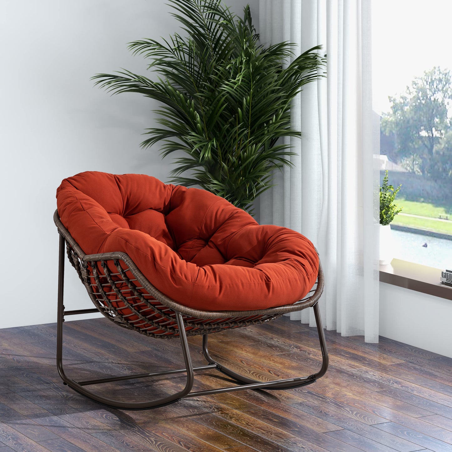 Mecedora de ratán para exterior, con cojín acolchado, reclinable, para porche, sala de estar, patio y jardín, color naranja