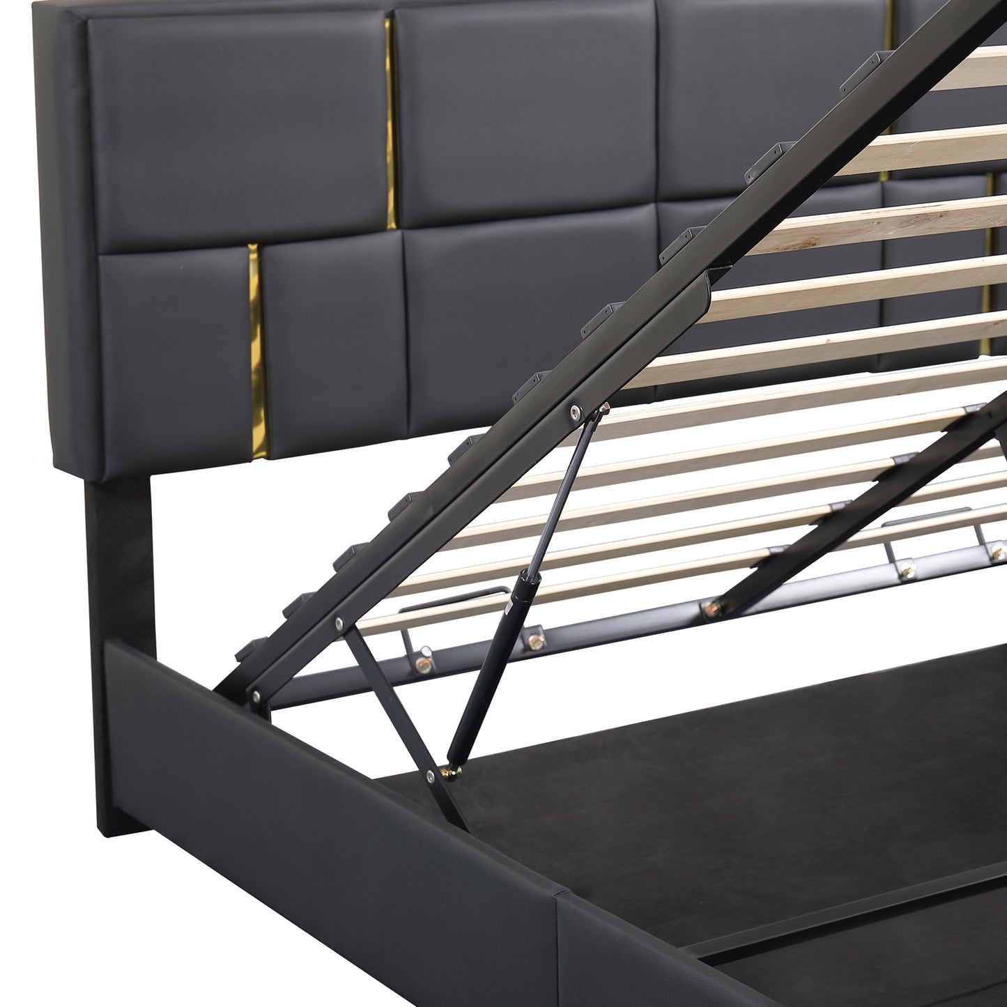 Juego de dormitorio de 2 piezas, cama Queen con plataforma tapizada y sistema de almacenamiento hidráulico, otomana con patas de metal, color negro