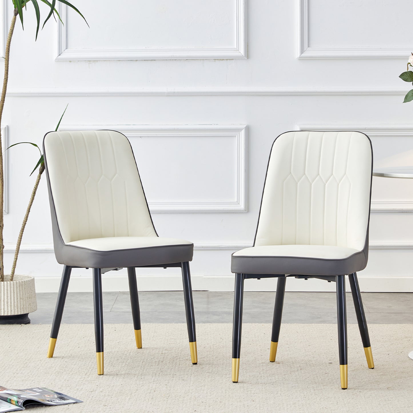 Large modern minimalist rectangular dining table with 0.39 "imitation marble black tabletop and golden metal legs, paired with chairs with PU cushions and black metal legs. F-1538 C-007