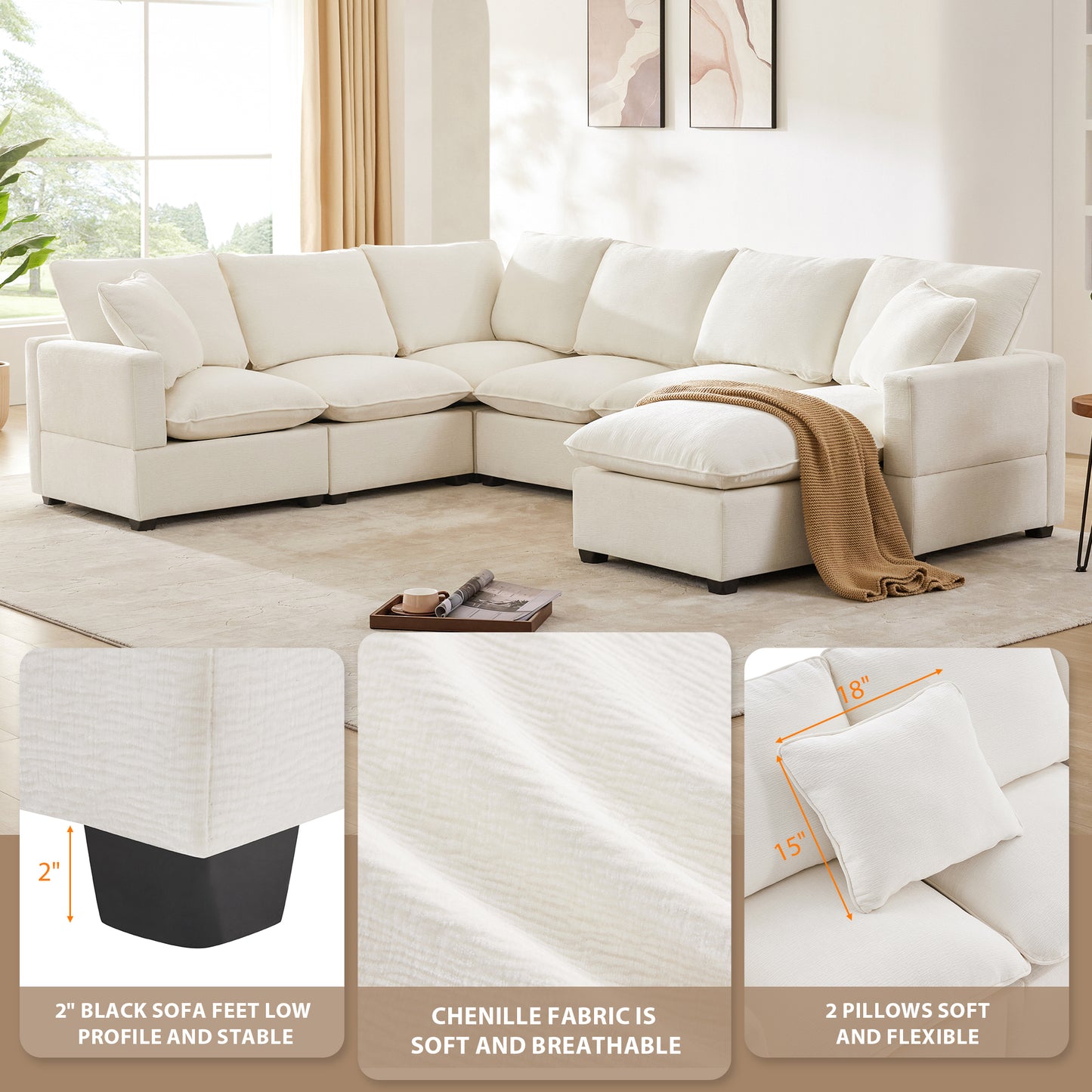 110*86" Modern U Shape Modular Sofa, 7 Seat Chenille Sectional Couch Set with 2 Pillows Included, Freely Combinable Indoor Funiture for Living Room, Apartment, Office, 2 Colors
